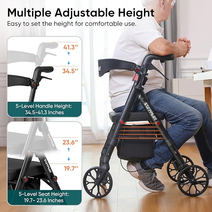 Foldable Aluminum Rollator Walkers with Cushion Seat for Senior, 16lbs Lightweight & 500 lbs Max Load, Adjustable 5-Level Seat Height & 6-Level Handles Height,8" Big Wheels,Dual Braking, Storage Bag