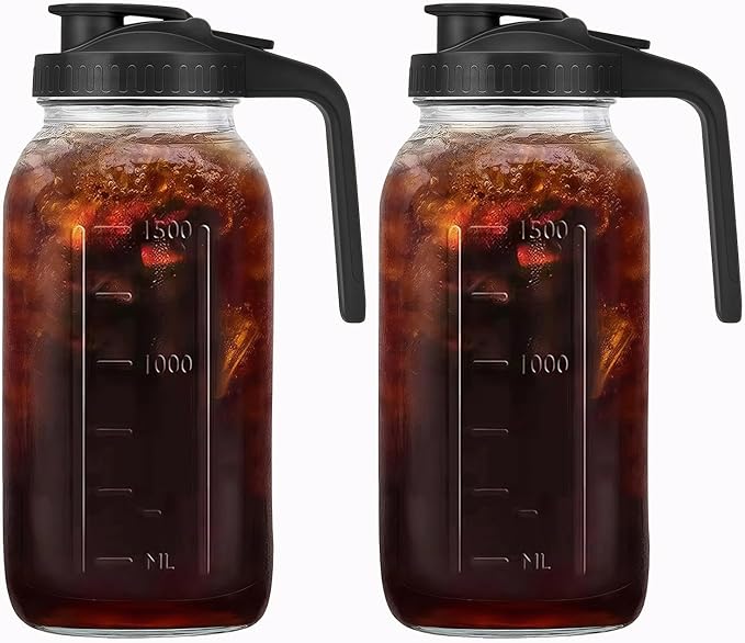 64oz Glass Pitcher with Handle and Lid, 2 Quart Mason Jar Pitcher - Airtight & Leakproof Water Jug with Pour Spout Lid, Glass Containers for Fridge, Perfect for Juice, Cold Brew, Iced & Sun Tea
