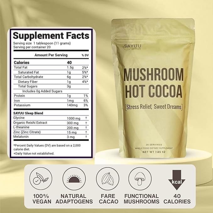 SAYUU Mushroom Coffee Hot Cocoa Mix –Instant Coffee Blend Enriched with Reishi, L-Theanine, Melatonin, Rich Cacao Flavor, Gut & Immune Health Support, Quick & Easy Bedtime Drink - 20 Servings