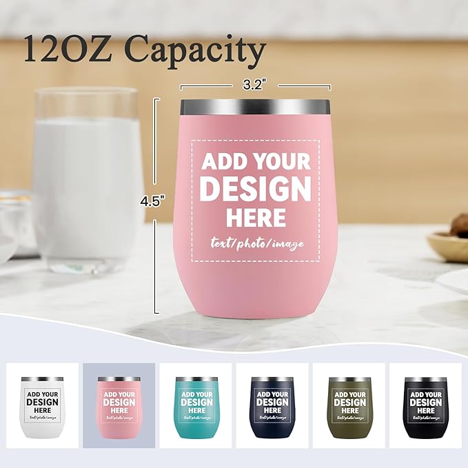 MEWAY Personalized Custom 12oz Wine Tumbler with Lid, Insulated Double Wall Vacuum Travel Tumbler Gifts with Text Photo Logo (Pink, 1pack)