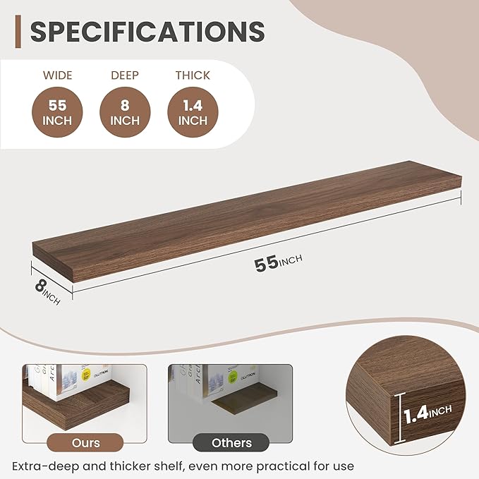 55 Inch Floating Shelves, 8 Inch Deep Floating Shelves for Wall, Hanging Shelf with Invisible Brackets, Deep Shelves for Bathroom, Bedroom, Living Room, Walnut, Set of 2
