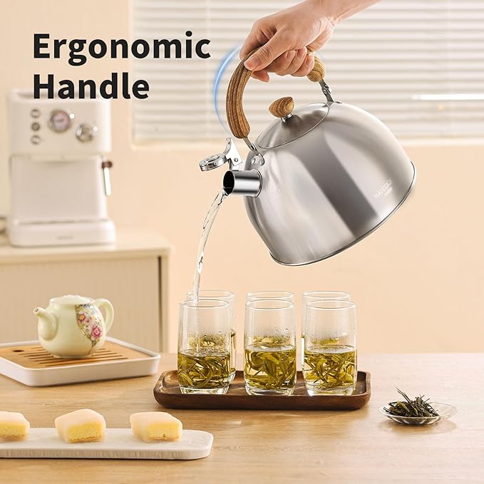 18/8 Stainless Steel Tea Kettle for Stovetop (4L / 4.23 Quart Whistling Tea Pot, Wood Handle)-Silver