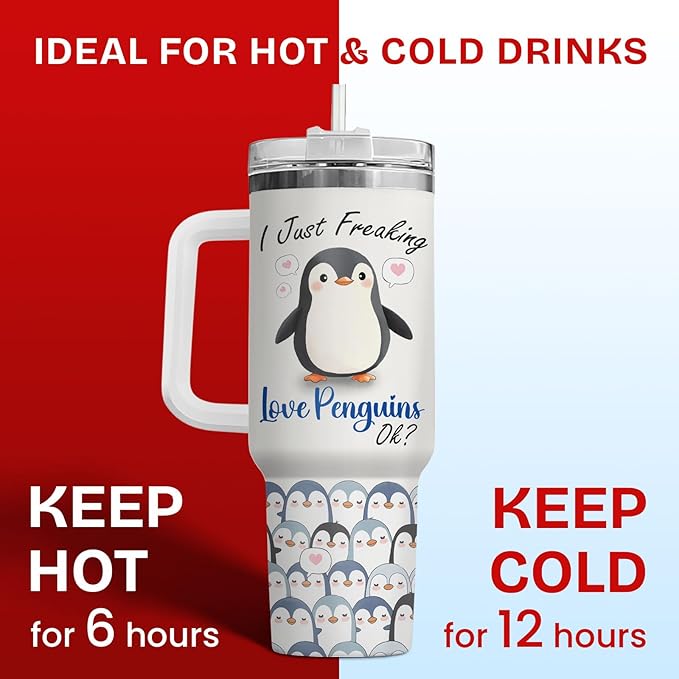 34HD 40oz Penguin Tumbler with Handle and Straw – I Just Freaking Love Penguins Printed Mug – Cute Stainless Steel Birthday Gift Cup for Animal Lovers Women
