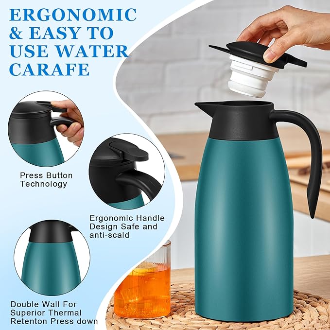 Uiifan 2 Pcs 68oz Thermal Carafe Insulated Stainless Steel Carafe Double Walled Vacuum Flask with Brushes for Keeping Coffee Tea for 12 Hours (Green)