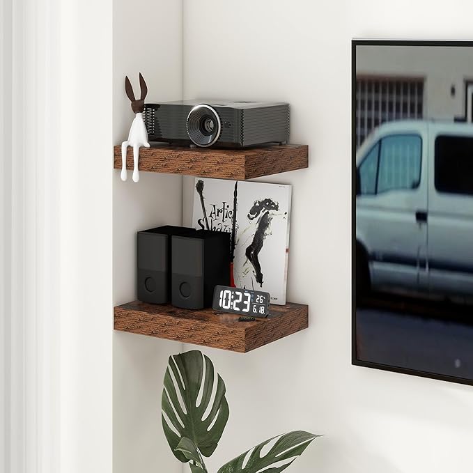 12 Inch Deep Floating Shelves | 16 Inch Brown Floating Shelves Set of 2 | 16W x 12D Rustic Shelves for Wall | Deep Wood Shelves for Living Room Bathroom Kitchen Bedroom