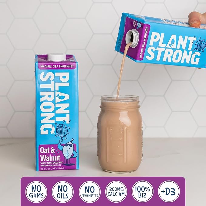 PLANTSTRONG Plant-Based Milks – Non-GMO, Plant-Based, Vegan, Gluten-Free, Dairy-Free, Lactose-Free, Shelf-Stable, No Gums or Oils (Pack of 6 (32 Fl. Oz.), Oat & Walnut w/Recipe Guide)