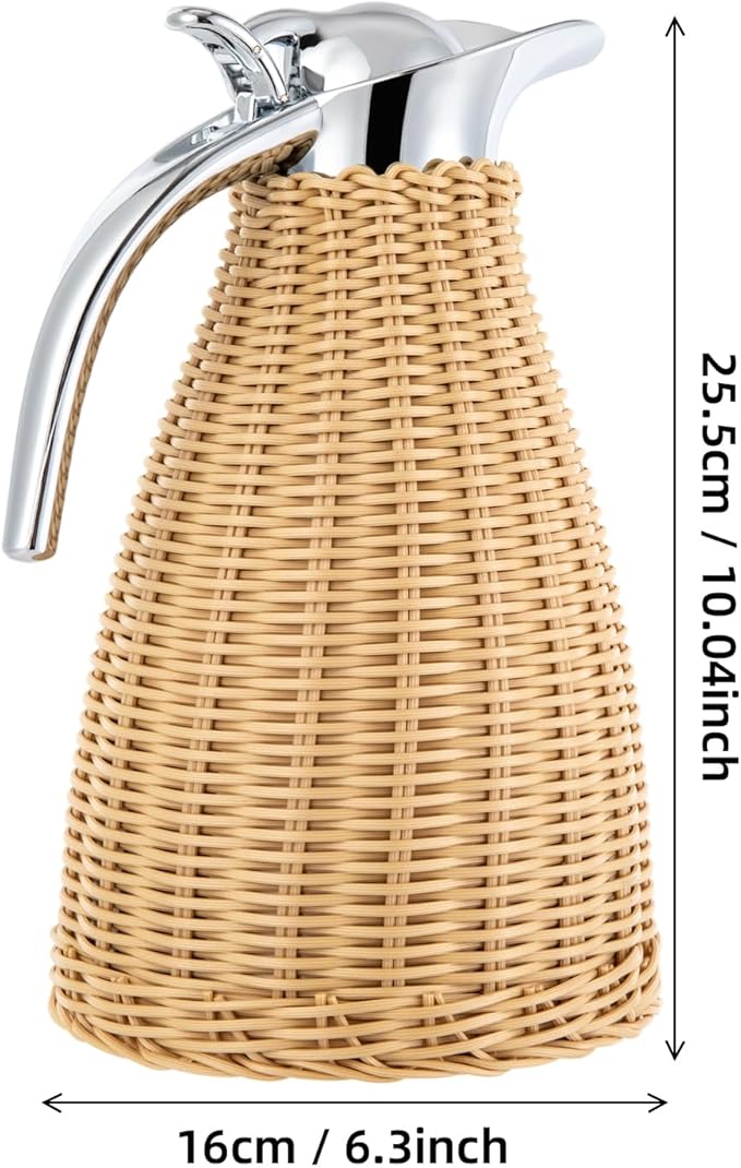 Stainless Steel Coffee Thermal Jug Natural Rattan 1.5L/0.4 Gal Double Walled Vacuum Insualted Jug with Handmade Rattan Body Insulated Thermal Carafe for Hot Liquids Keeping Hot for Home Coffee Shop