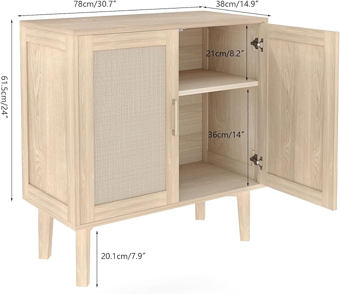 Bigroof Rattan Cabinet, Modern Accent Buffet Cabinet with Magnetic Doors, Sideboard Buffet for Hallway, Entryway, Living Room, or Kitchen (Oak)