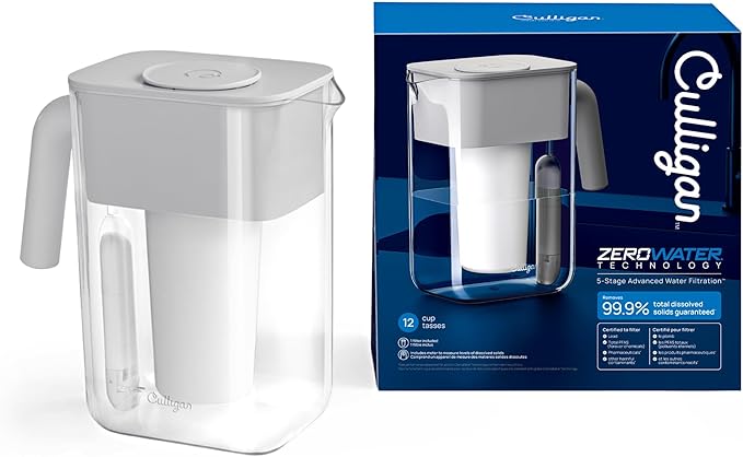 Culligan with ZeroWater Technology 12-Cup Water Filter Pitcher – Includes 5-Stage Advanced Water Filter, IAPMO Certified to Reduce Lead, Total PFAS (Forever Chemicals), Mercury, Fluoride, and Chlorine