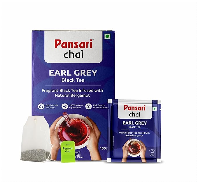 Pansari Earl Grey Black Tea, Individually Wrapped Bags – Smooth, Flavourful & Robust, Pure Caffeinated Black Tea, Enjoy Hot or Iced, Premium Tea Blend with Darjeeling, Aromatic & Bold – (100 Tea Bags)