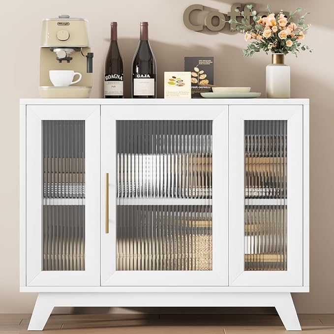GarveeHome 36 Inch Coffee Bar Buffet Cabinet with Fluted Glass Doors and Gold Handles, Modern Sideboard Storage with Adjustable Shelves, for Kitchen Dining Room Living Room Entryway, White