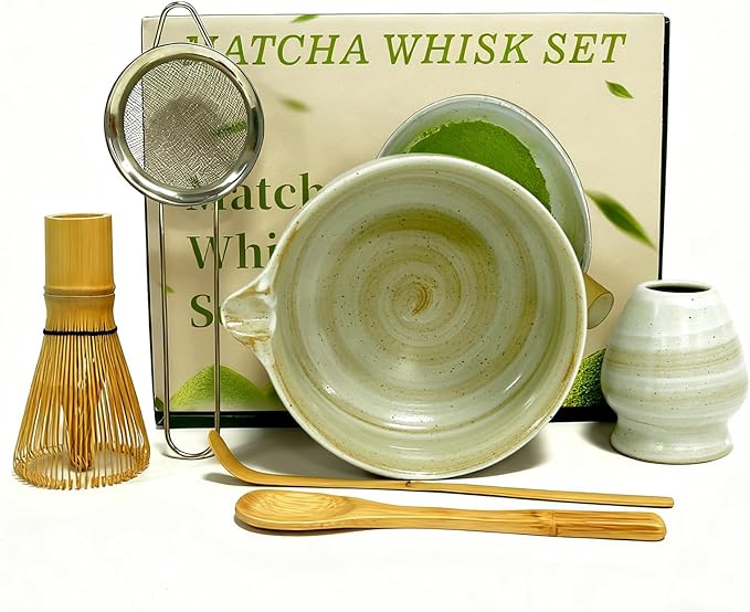 Matcha Whisk Set, 6 Piece Matcha Kit with Bamboo Whisk Ceramic Bowl with Spout Sifter Scoop Traditional Japanese Tea Accessories for Home or Gifts (set of 6)