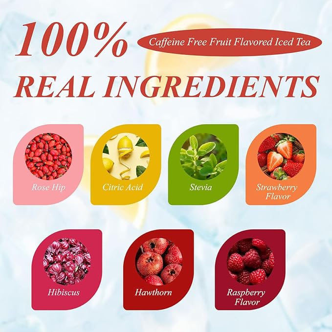 WT WEETEE Strawberry & Raspberry Herbal Iced Tea, 100 Count Cold Brew Hibiscus Iced Tea Bags, Rich Tartness & Sweetness, Caffeine-Free, No Artificial Sweeteners
