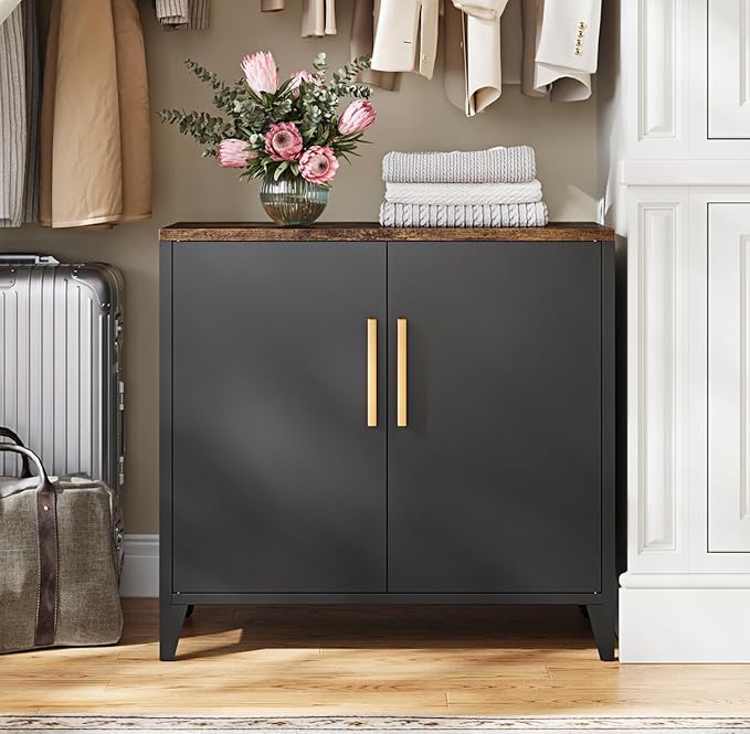 Letaya Metal Storage Cabinet with 2 Doors and Shelves 16" Dx 32" Wx30 H,Small Buffet Sideboard Short Cabinet for Kitchen Dining,Office Credenza Locker Modern Coffee Bar,Entryway Bathroom(Black)