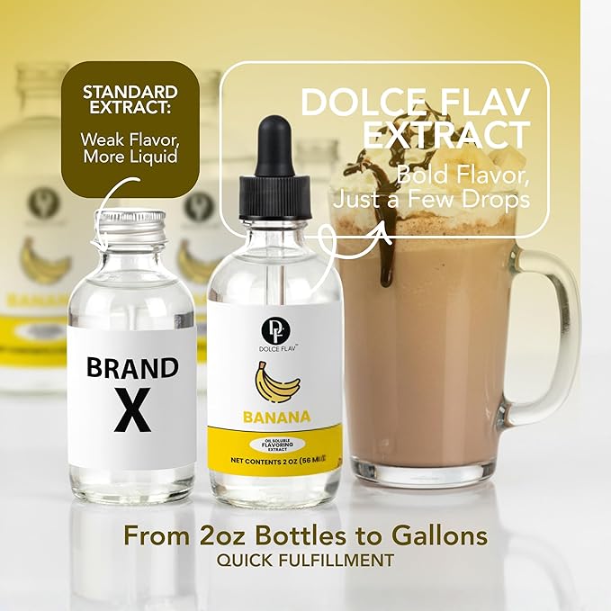 Dolce Flav Banana Extract – 2 Ounce Oil-Soluble Kosher, Sugar-Free, Concentrated Ripe Banana Flavoring for Baking, Smoothies & Ice Cream, Includes Measured Dropper