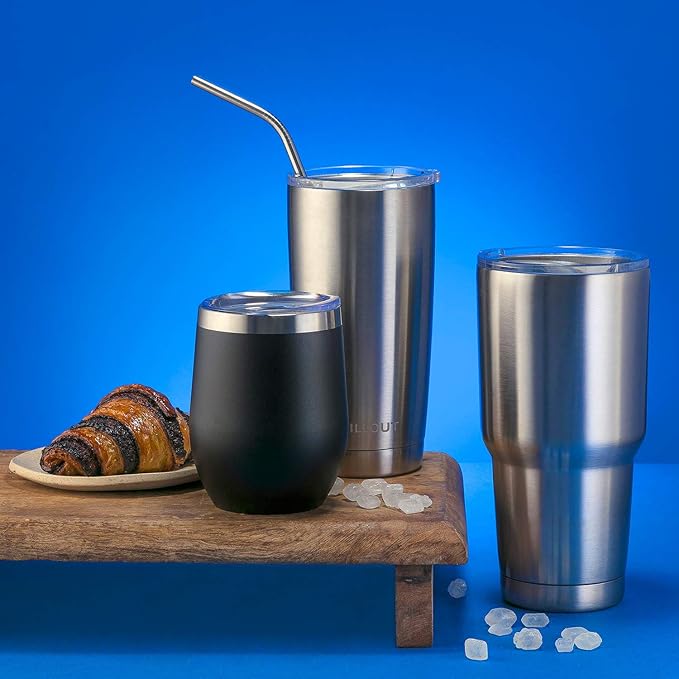 CHILLOUT LIFE 12 oz Stainless Steel Wine Tumbler with Lid - Double Wall Vacuum Insulated Wine Cup Glass Keeping Cold & Hot for Coffee, Champagne, Cocktails, Ice Cream - Powder Coated Black