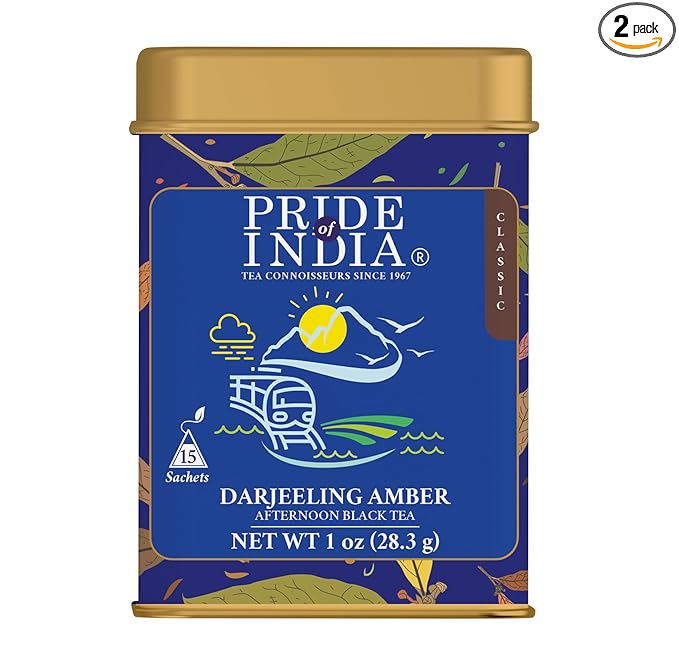 Pride of India | PACK of 2 - Darjeeling Amber: Afternoon Black Tea | 15 Pyramid Full Leaf Individually Wrapped Tea Bags | Smooth, Musky, Flowery Flavor| Single Estate Certified Classic Tea