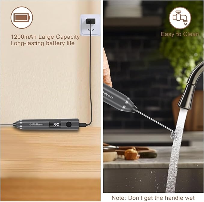 Philorn Milk Frother Wand Handheld Rechargeable Electric Whisk Coffee Drink Mixer, Mini Foamer for Lattes, Cappuccino, Frappe, Matcha, Hot Chocolate, Protein Powder, Keto Diet (Black 2 Heads)