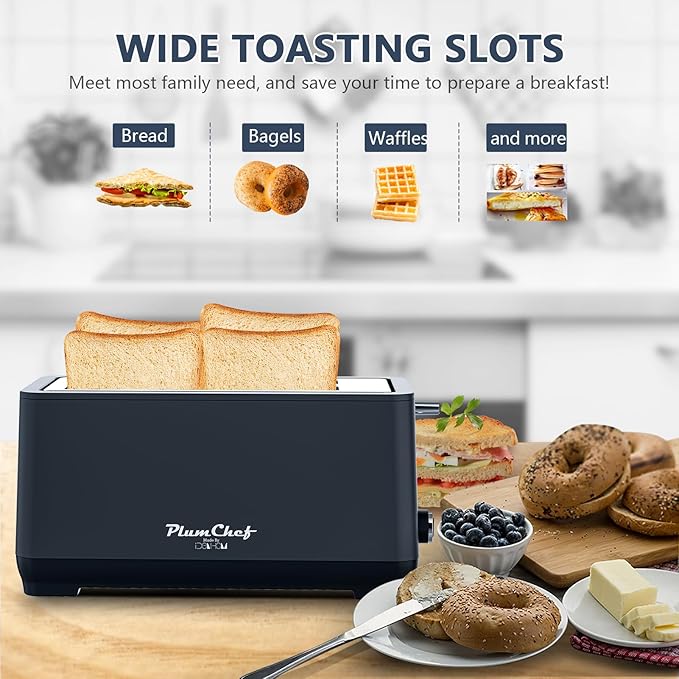 4-Slice Toaster, Extra Wide Long Slot Toaster with Warming Rack, 6 Browning Settings, Bagel/Defrost/Reheat Functions, Removable Crumb Tray, Stainless Steel Housing,Black