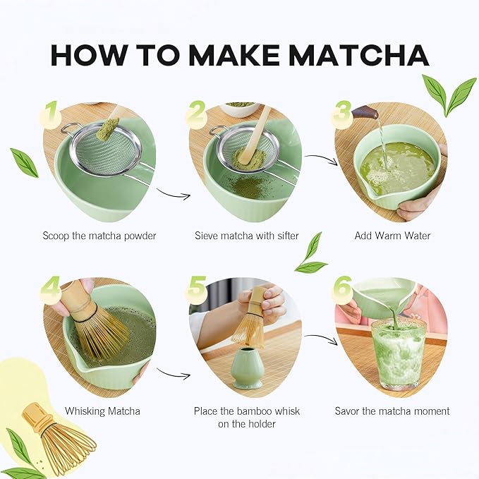 Traditional Matcha Tea Set, 8-Piece Complete Matcha Kit Set with Chawan Ceramic Bowl with Spout, Bamboo Whisk and Holder, Scoop, Sifter, Tea Towel Cloth and Mat - Ceremonial Matcha Bowl Set