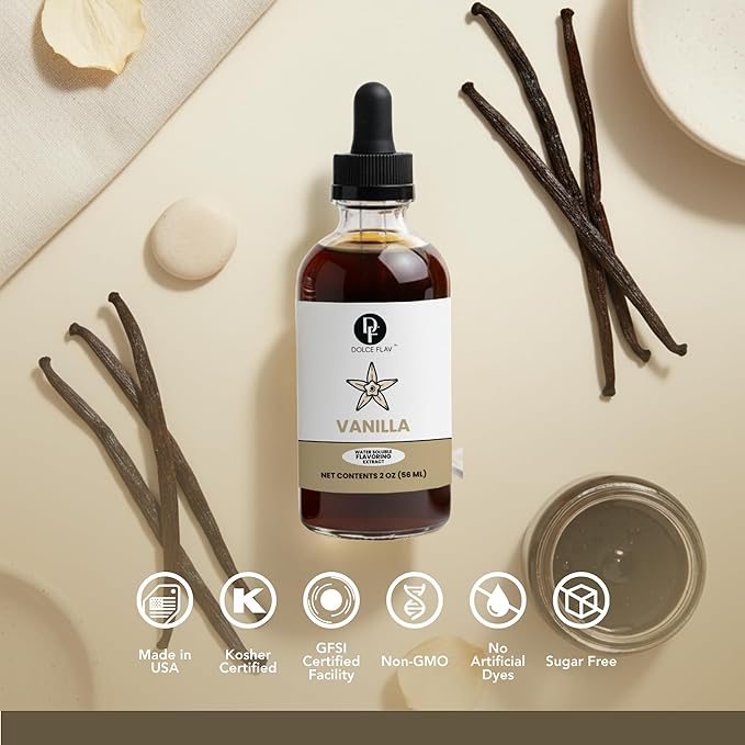 Dolce Flav Vanilla Extract – 2 Ounce Water-Soluble Kosher, Sugar-Free, Concentrated Vanilla Flavoring for Baking, Cookies & Desserts, Includes Measured Dropper