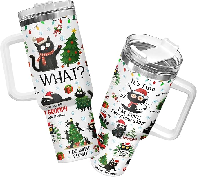 34HD 40oz Funny Christmas Cat Tumbler with Handle – Black Cat Gift, Holiday Travel Mug with Lid & Straw