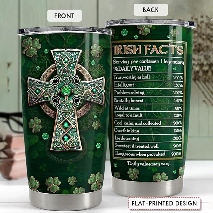 SANDJEST Irish Tumbler 20oz Irish Facts Celtic Cross Stainless Steel Tumbler with Lid Gift for Women Birthday Christmas
