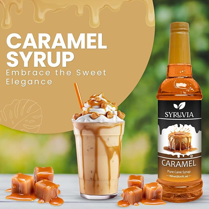 Syruvia 4 Pack Caramel Syrup for Coffee – Rich Caramel Coffee Syrup Flavor, 25.4 fl oz, Kosher, Gluten Free, Ideal for Caramel-Infused Coffee & Drinks, Desserts, and More, No Coloring,