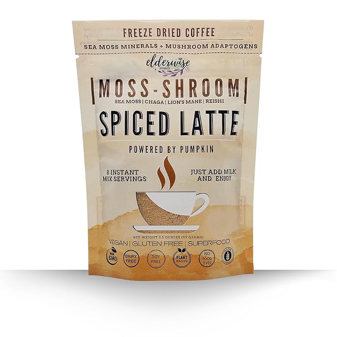 Elderwise Coffee Spiced Latte | Powered by Pumpkin & Mushrooms | Sea Moss, Chaga, Lion's Mane, Reishi | 8 Servings - Freeze Dried Instant - Chemical free - Fair Trade