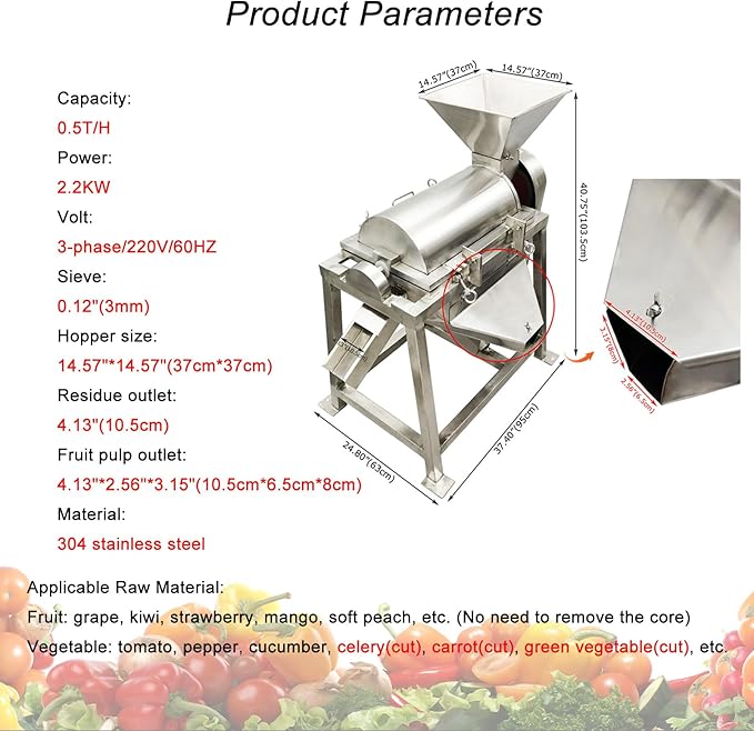 220V 2200W Fruit and Vegetable Crushing and Beating Machine Stainless Steel Commercial Spiral Fruit and Vegetable Beater 0.5T/H 3mm Sieve 3PH