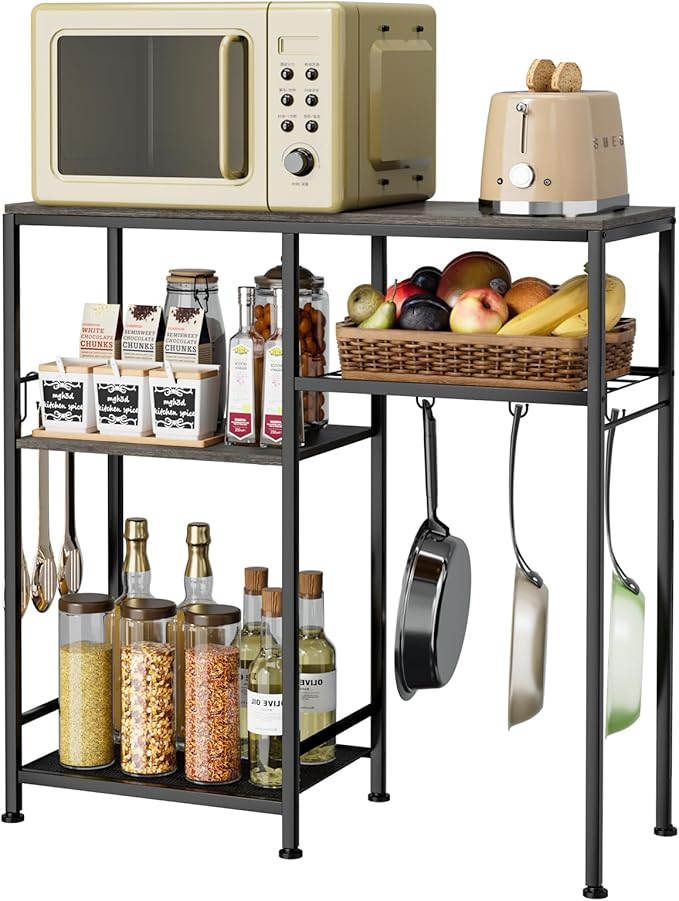 Consumest Microwave Stand, Adjustable Coffee Bar Cabinet, Multifunctional Pan Organizer with 6 Hooks and 3 Shelves, Bakers Rack for Shovel, Pots, Fruits, Vegetables, Grey & Black