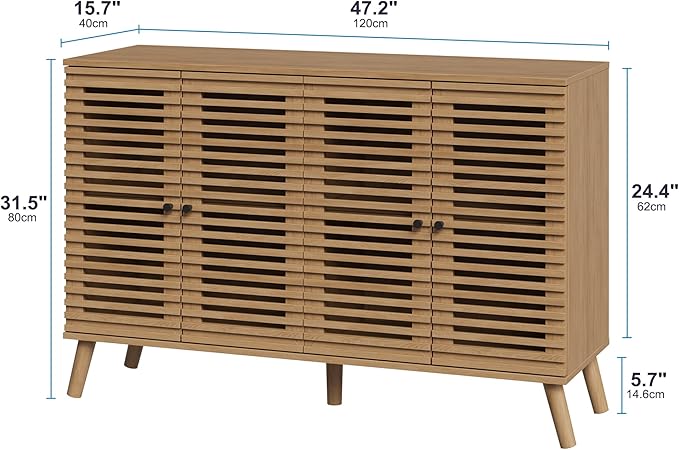 47" W Buffet Cabinet with 4 Slatted Doors, Mid-Century Buffet Sideboard with Shelves, Accent Storage Cabinets Cupboard Console for Living Room Kitchen Hallway, Oak