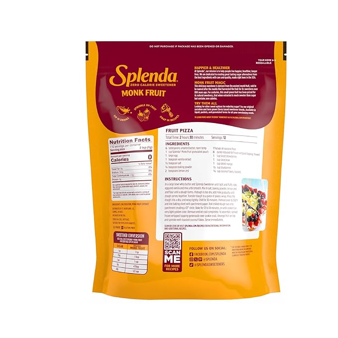 Splenda Monk Fruit Zero Calorie Plant Based Granulated Sweetener, No Erythritol, Sugar Substitute, 3.8 Oz (Pack of 1)