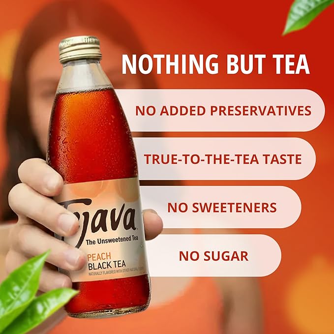 Tejava Peach Black Iced Tea, 12 Pack, 12oz Glass Bottles, Unsweetened, Non-GMO, Kosher, No Sugar or Sweeteners, No calories, No Preservatives, Brewed in Small Batches