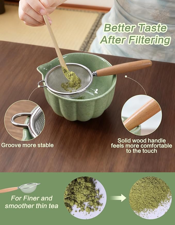 Matcha Whisk Set, 7 Pcs, Matcha Kit Includes Matcha Bowl, Matcha Whisk and Holder, Bamboo Scoop, Spoon, Sifter and Tea Towel, Matcha Set, Gift for Matcha Lovers & Beginners (Matcha Green)