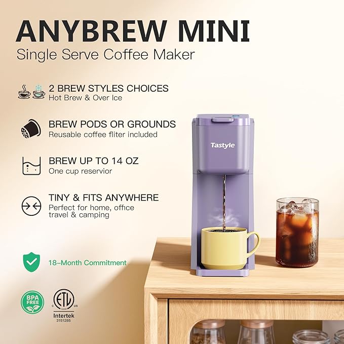 Mini Hot and Iced Coffee Maker Single Serve, for K Cup and Ground, 6 to 14 Oz Brew Sizes, with Recipe Book, for Home, Travel, RV, Office and Dorm, Violet