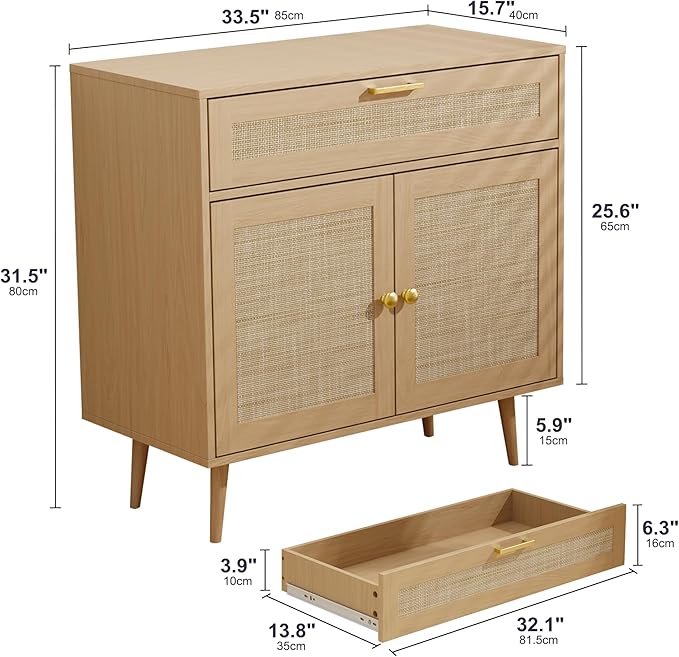 Rattan Sideboard Buffet, Boho Kitchen Cabinet with Drawer & 2 Doors, Modern Mid Century Accent Cabinet with Adjustable Shelf,Coffee Bar for Living Room, Entryway, Kitchen, Oak