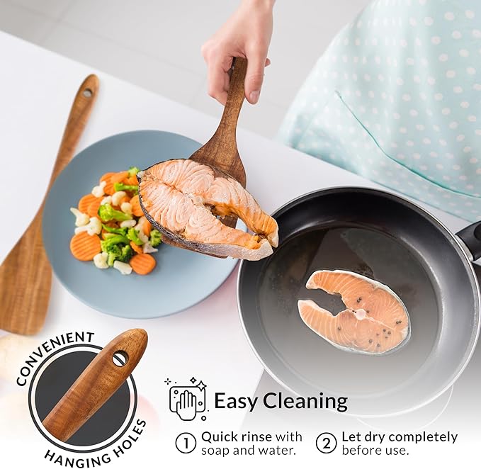 Zulay Kitchen Extra-Large 5-Piece Wooden Spoon Set - Smooth Teak Cooking Utensils - Comfort-Grip Non-Stick Turner, Spatula, Skimmer, Fork, Serving Spoon
