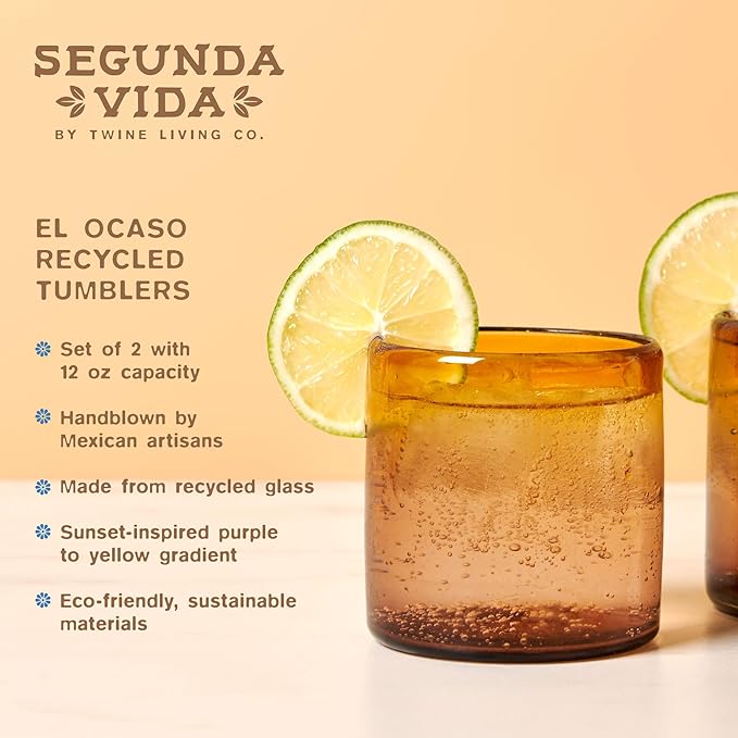 Twine Living El Ocaso Hand-Blown Tumblers, Recycled Drinking Glasses, Sunset Inspired Yellow and Purple Gradient, Mexican Glassware, Decorative Drinkware for Home Bars, 12 oz, Set of 2
