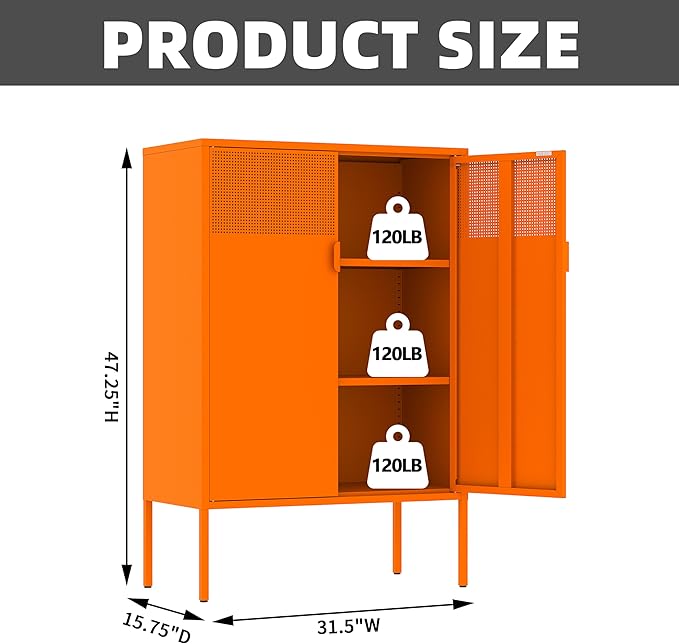 Orange Metal Storage Cabinet,2 Door TV Stand, Metal Mesh Accent Cabinet,Magnetic Door Closure,Low Storage Cabinets with Doors and Shelf for Home,Office,Living Room