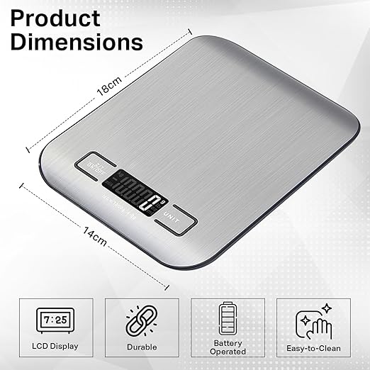 Food Kitchen Scale, Digital Food Scale with LCD Display Weight Measurement, 304 Stainless Steel, Kitchen Essentials and Accessories for Baking Cooking and Meal Prep