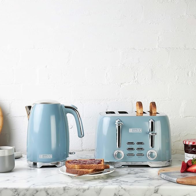 Haden Brighton Electric Kettle, Cordless 1.7 Liter Hot Water Boiler with Chrome Accents, Retro Style, and Auto Shut Off, Sky Blue