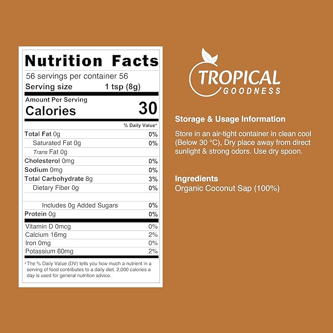 Tropical Goodness Organic Coconut Palm Sugar — 16 oz (1 lb) | USDA Organic • Kosher • Vegan • Non-GMO | Natural Low-Glycemic Sweetener for Baking, Coffee, & Cooking — Sustainable, Unrefined Tropical Flavor