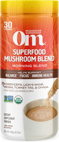 OM MUSHROOM SUPERFOOD Morning Energy Blend – Caffeine-Free Powder with Cordyceps, Lion’s Mane, Rhodiola & Vitamin D2 – Supports Energy, Focus & Endurance – 8.47 oz Canister (30 Servings)