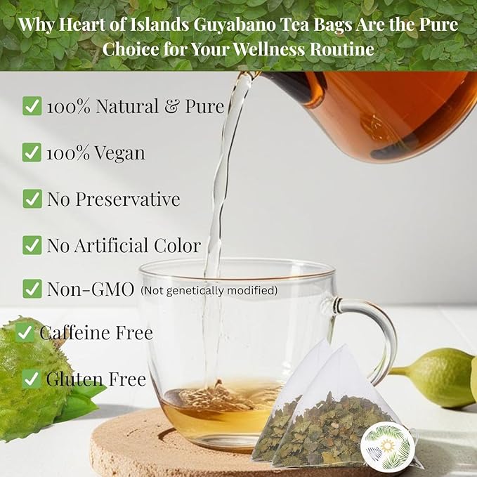 Heart of Islands KOSHER & HALAL Certified Soursop Tea Bags (2g Each) – Premium Guyabano (Graviola) Leaves from the Philippines – Organic Herbal Tea Bags Caffeine Free with Zero Calories 15 Count - Pack of 3