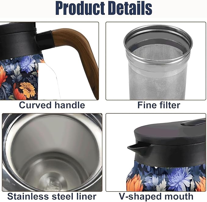 Vintage Pattern Coffee Carafes, 35 Oz/1 Liter - Hot and Cold with Infuser, Perfect for Parties/Home Use (Blooming Flowers)