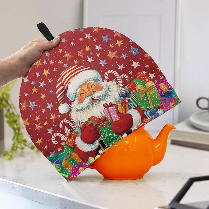 Santa Claus and Presents Kettle Cover Small Tea Pot Cozy Cover with Keep Warming Fashion Teapot Insulated Teapot Dust Protector Kitchen Accessories for Home Decorative Tea Kettle Dust Cover