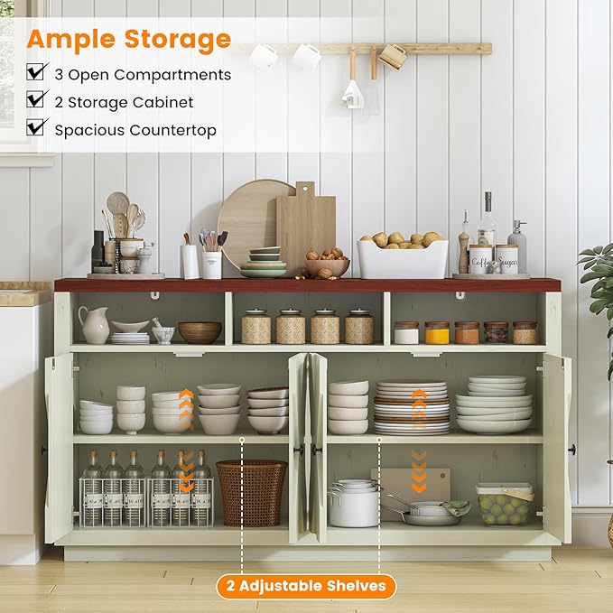 60” Large Sideboard Buffet Cabinet with Storage, Farmhouse Kitchen Buffet Cabinet with Adjustable Shelves and 4 Barn Doors, Wood Coffee Bar Storage Cabinet for Kitchen, Dining Room, Rustic White