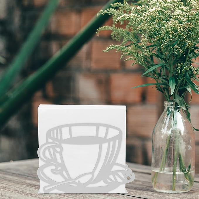 FUOYLOO White Stainless Steel Napkin Holder with Hollowout Coffee Cup Design Multifunctional Kitchen Table Tissue Stand for Countertop Dining Decor