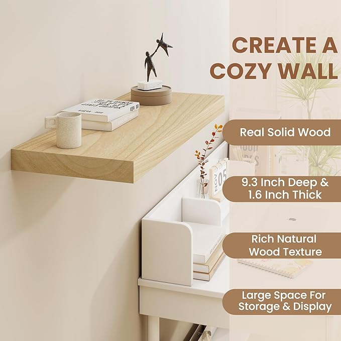 Fun Memories Deep Floating Shelves, Solid Wood Floating Shelves Wall Mounted, 9.3" Deep Wall Shelf for Living Room, Bedroom, 36 x 9 Large Floating Shelf for Books, Burlywood, Set of 2